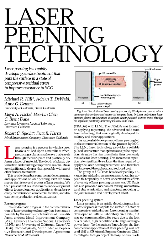 Laser Peening Technology – Article in ASM International