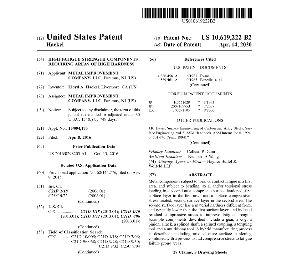 New US Patent – High Fatigue Strength Components Requiring Areas of High Hardness